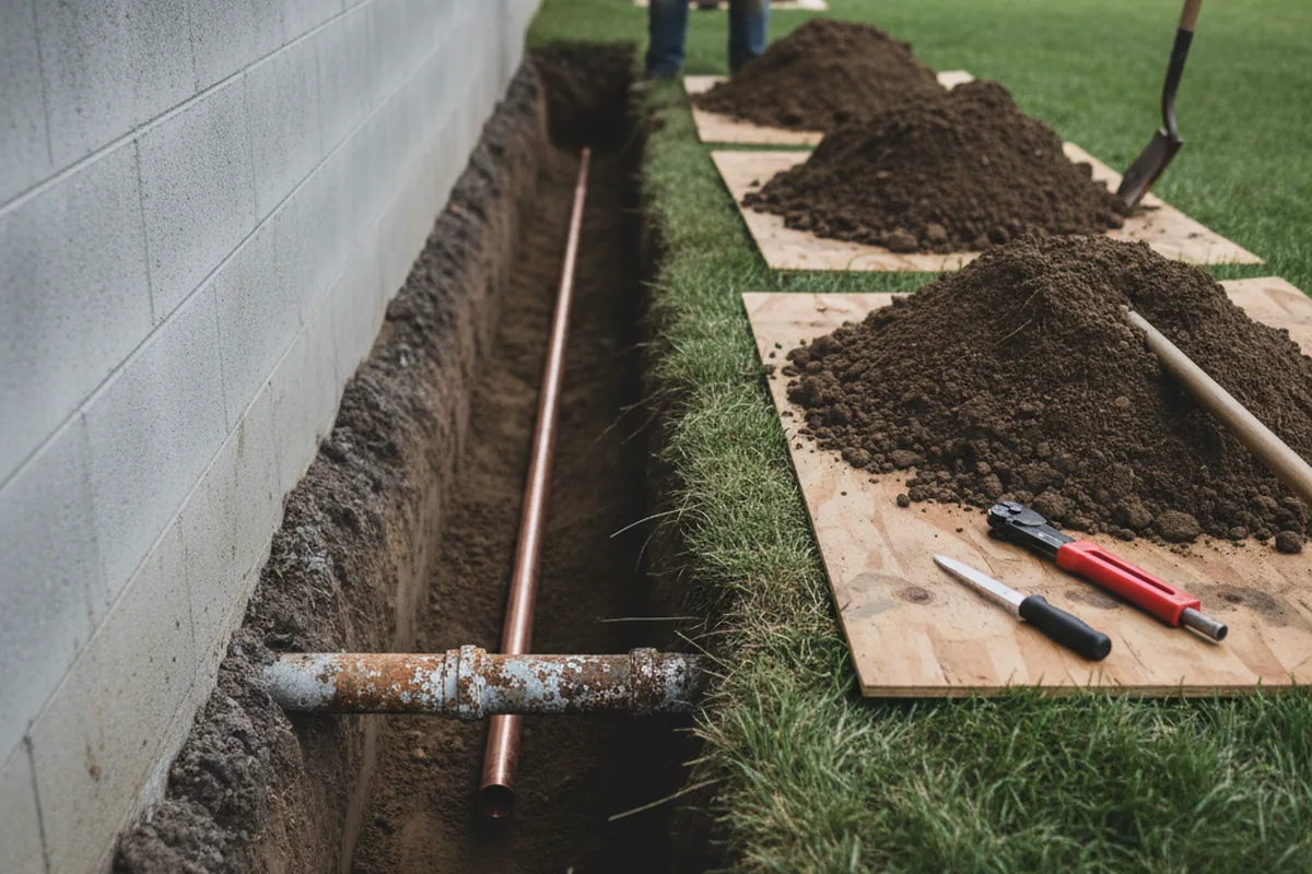 Excavated water line trench during Water Softener Installation in Arp